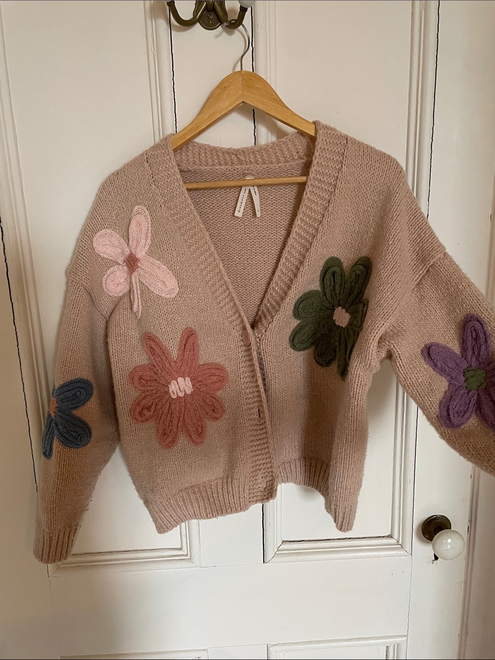 Dreamers Beige V-Neck Cardigan with Multicolor Floral Appliqués